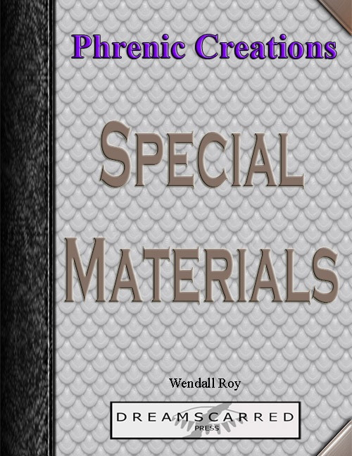 Phrenic Creations: Special Materials PDF book cover design featuring a white background with purple and brown text, black border and Dreamscarred Press branding, a product of digital publishing.