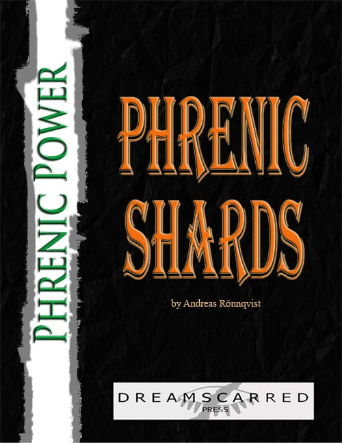 Black background with green and orange text featuring Phrenic Power: Phrenic Shards PDF content by Dreamscarred Press. Product page for digital book.
