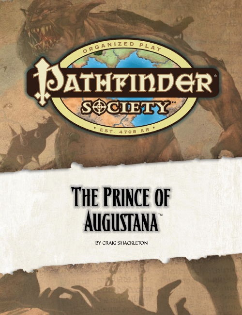 Pathfinder Society Scenario #13: The Prince of Augustana PDF cover shows the Pathfinder Society logo and scenario title in front of a faint sepia-tone image of a short, pot-bellied, toothy, hunched-over humanoid demon.