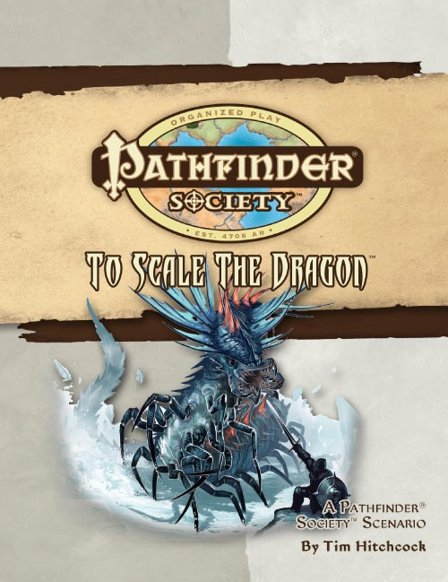 Pathfinder Society Scenario #16: To Scale the Dragon PDF cover shows the Pathfinder Society logo and scenario title above an image of a huge blue centipede-like monster attacking a much smaller person in a snowy field.
