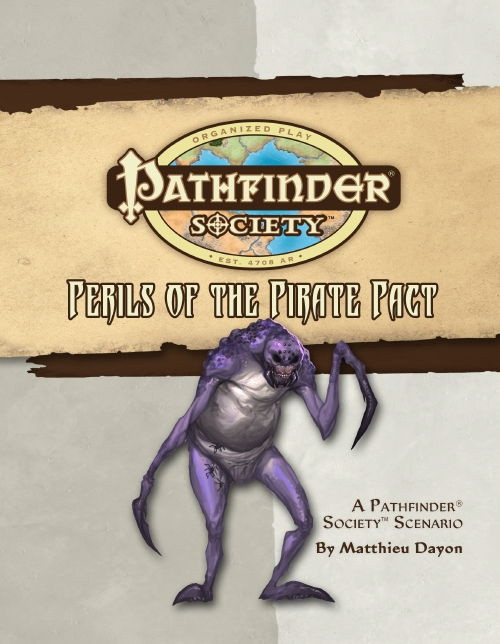 Pathfinder Society Scenario #17: Perils of the Pirate Pact PDF cover shows the Pathfinder Society logo and scenario title above an image of a purple humanoid monster with a spider’s face and crooked arms that each end in a curved talon.