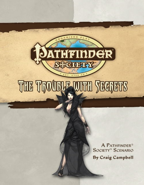 Pathfinder Society Scenario #18: The Trouble with Secrets PDF cover shows the Pathfinder Society logo and scenario title above an image of a dark-haired, pale-skinned female vampire dressed in a gothic black dress.
