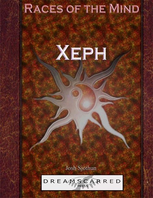 Red and brown abstract cover with a white sunburst design, featuring a marbled background, for Races of the Mind: Xeph PDF, published by Dreamscarred Press, and designed by Josh Sjothun, a fantasy RPG supplement PDF download, fantasy fiction book.
