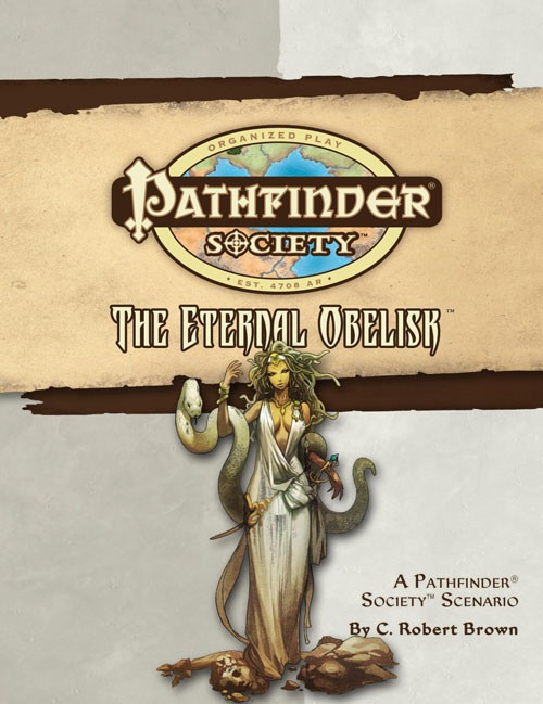 Pathfinder Society Scenario #21:  The Eternal Obelisk (OGL) PDF (Retired) cover shows the Pathfinder Society logo and scenario title above an image of a woman with green snakes for hair and a larger green snake coiled over her arm; she wears a white dress.