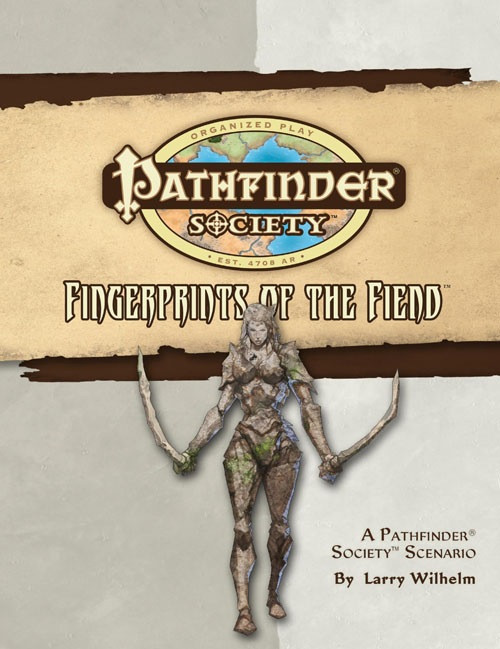 Pathfinder Society Scenario #22: Fingerprints of the Fiend (OGL) PDF cover shows the Pathfinder Society logo and scenario title above an image of a statue of a woman wielding a curved sword in each hand.