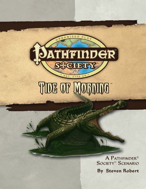 Pathfinder Society Scenario #23: Tide of Morning (OGL) PDF cover shows the Pathfinder Society logo and scenario title above an image of a crocodile with an open mouth crawling through a swamp.