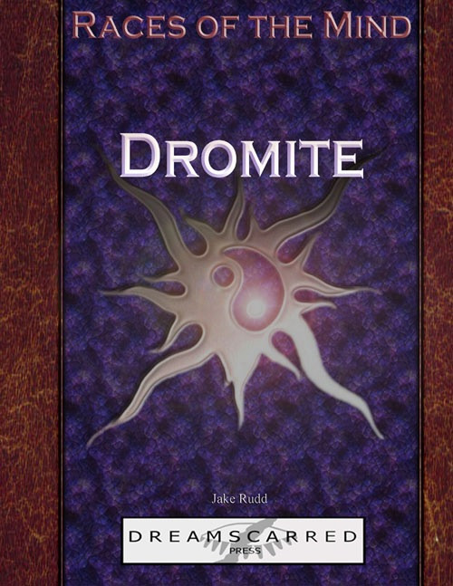 Fantasy book cover art, Dreamscafrd Press publication, features a purple and red cover with a unique white symbol, by Jake Rudd, Races of the Mind: Dromite PDF, a science fiction themed book cover design.