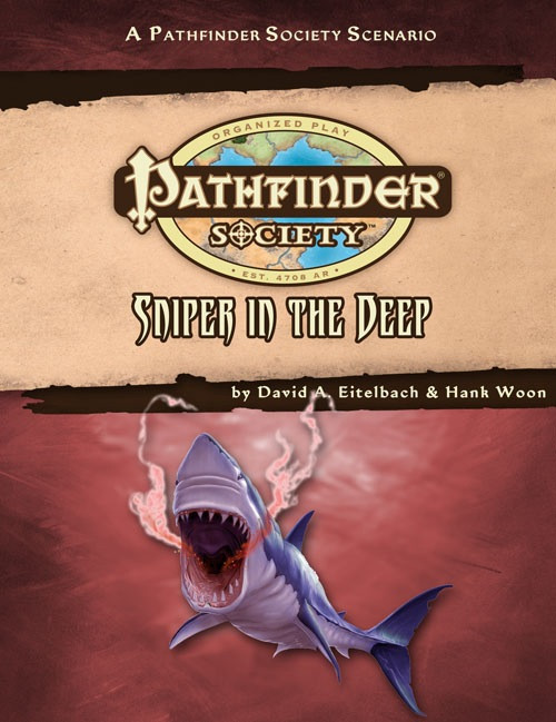 Pathfinder Society Scenario #31: Sniper in the Deep (PFRPG) PDF cover shows the Pathfinder Society logo and scenario title above an image of an open mouthed shark swimming forward.