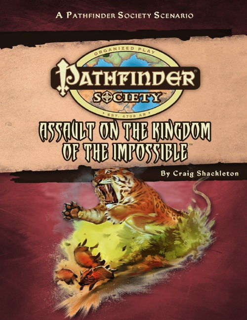 Pathfinder Society Scenario #33: Assault on the Kingdom of the Impossible (PFRPG) PDF cover shows the Pathfinder Society logo and scenario title above an image of a saber-toothed tiger pouncing on a group of frightened baby wild pigs.