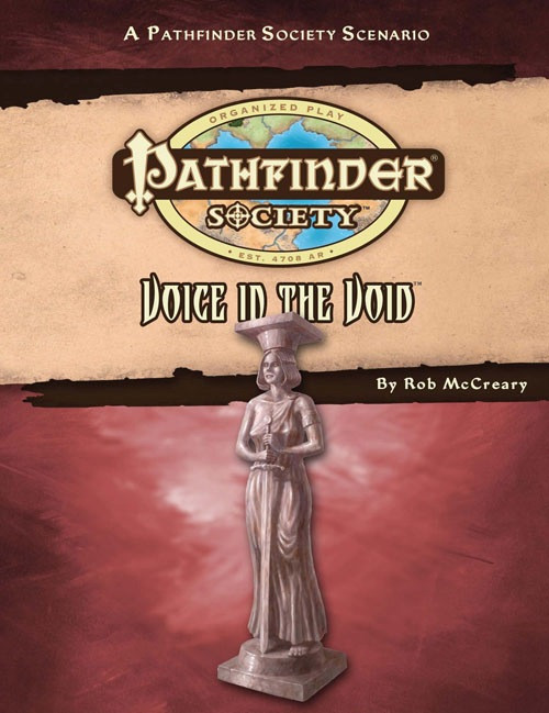 Pathfinder Society Scenario #35: Voice in the Void (PFRPG) PDF cover shows the Pathfinder Society logo and scenario title above an image of a stone column that’s carved to resemble a woman standing with a sword held, point down, in her hands against her body.