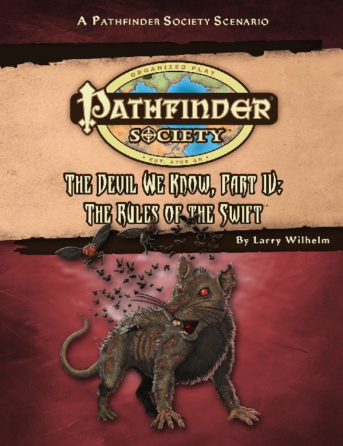 Pathfinder Society Scenario #48: The Devil We Know—Part 4: Rules of the Swift (PFRPG) PDF cover shows the Pathfinder Society logo and scenario title above an image of an undead zombie rat with red eyes and a cloud of flying bugs buzzing above it.