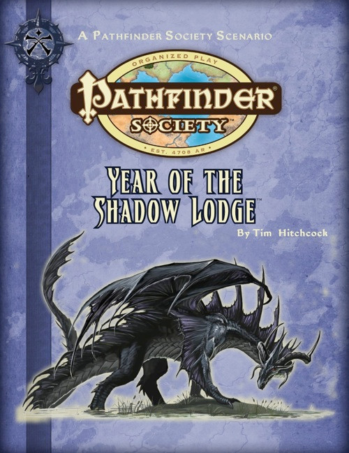 Pathfinder Society Special: Year of the Shadow Lodge (PFRPG) PDF cover shows the Pathfinder Society logo and scenario title above an image of a black dragon.