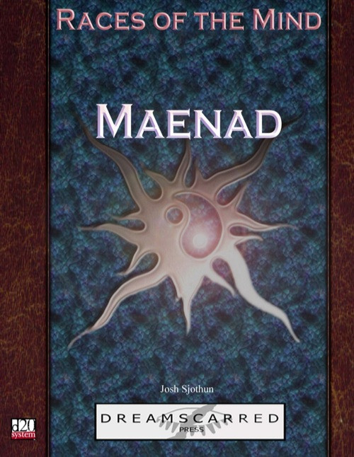 Races of the Mind: Maenad PDF, a digital publication with a blue background, featuring a sun-like design with pink and black text, and pink accents, published by Dream Scarred Press, by artist Josh Sjøthun, in a fantasy format.