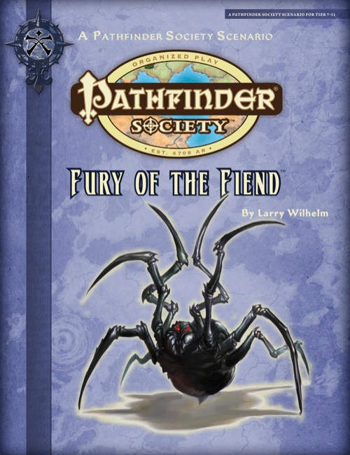Pathfinder Society Scenario #2-10: Fury of the Fiend (PFRPG) PDF cover shows the Pathfinder Society logo and scenario title above an image of a giant black spider with red eyes and its front four legs raised up in the air.