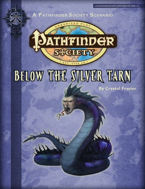 Pathfinder Society Scenario #2-12: Below the Silver Tarn (PFRPG) PDF cover shows the Pathfinder Society logo and scenario title above a coiled dark blue snake with a snarling human face and a forked snake tongue.