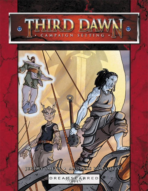 Third Dawn Campaign Setting OGL PDF cover art features a muscular man with a staff, a smaller bow-wielding adventurer, and a glowing figure on a ship against a red background with black cracks, fantasy role-playing game cover.
