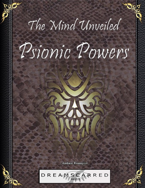 The Mind Unveiled: Psionic Powers PDF book cover, a brown leather-bound cover with gold accents, snake skin texture and ornate design, published by Dreamscarred Press, a fantasy role-playing game accessory.