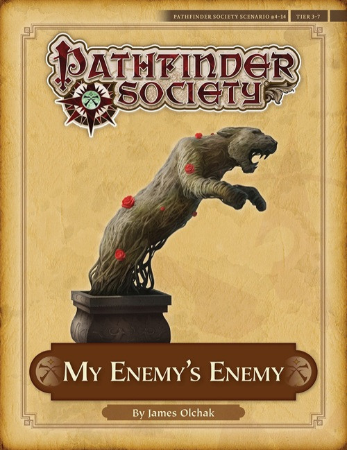 Pathfinder Society Scenario #4–14: My Enemy's Enemy. By James Olchak. Emerging from a garden planter is a leaping lion made of vines, with red flowers growing from its surface.