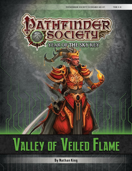 Pathfinder Society Scenario #6–07: Valley of Veiled Flame (PFRPG) PDF (Pathfinder Society 1e, Year of the Sky Key) by Nathan King; cover depicts a horned, demonic humanoid in elaborate red skils and golden armor, standing with a sword at their hip and a flame cupped in their other hand. 