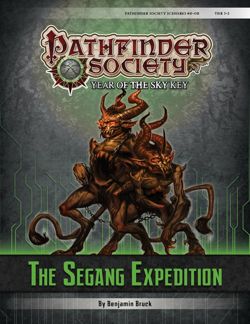 Pathfinder Society Scenario #6–08: The Segang Expedition (PFRPG) PDF (Pathfinder Society 1e, Year of the Sky Key) by Benjamin Bruck; cover depicts two horned, humanoid demonic creature chained and half-merged together, their eyes glowing red and their sharp teeth gnashing threateningly. 