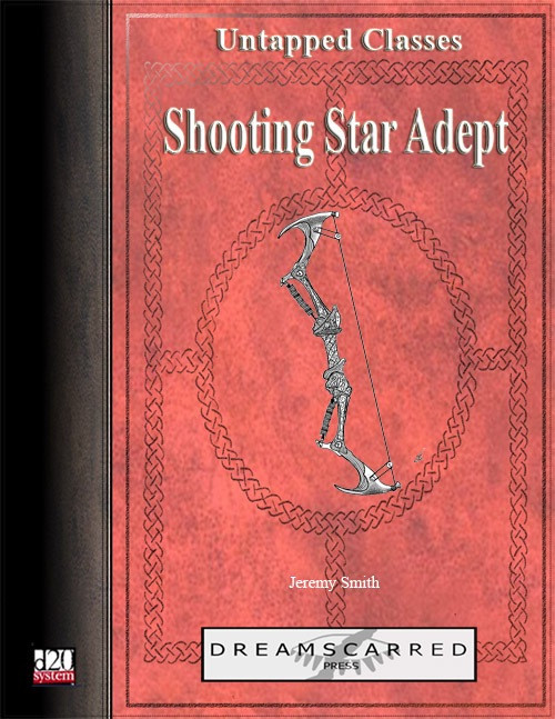 PDF book cover for the Untapped Classes Shooting Star Adept, a product published by Dreamscarred Press, featuring a Celtic border against a red background with an illustration of a skeleton archer.