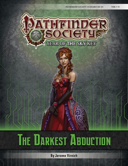 Pathfinder Society Scenario #6–23: The Darkest Abduction (PFRPG) PDF cover shows a red-haired human woman dressed in an elegant red and purple gown.