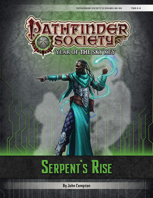 Pathfinder Society Scenario #6–98: Serpents Rise (PFRPG) PDF cover shows a male human dressed in teal robes, pointing with one hand and creating a snake-shaped curling magical effect with his other hand.