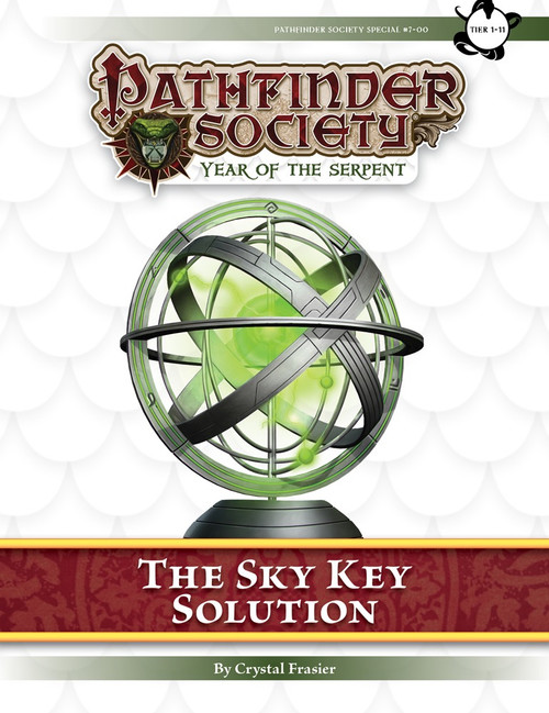 Pathfinder Society Scenario #7–00: The Sky Key Solution (PFRPG) PDF cover shows a whirling gyroscope-like structure, its metal arms spinning around a glowing blue sphere of magical energy.