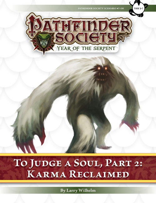 Pathfinder Society Scenario #7–08: To Judge a Soul, Part 2: Karma Reclaimed (PFRPG) PDF cover shows a hulking white-furred humanoid with sharp clawed hands and glowing eyes.