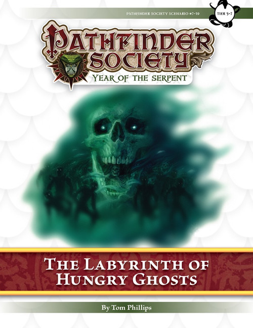 Pathfinder Society Scenario #7–19: Labyrinth of Hungry Ghosts (PFRPG) PDF cover shows a cloud of dark green fog in which a massive skull-shaped face made of green mist leers.