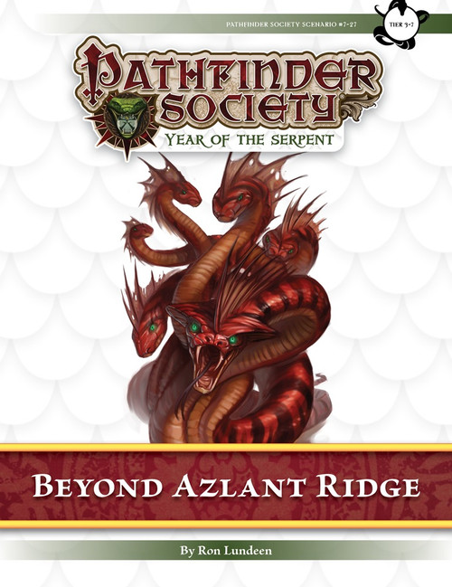 Pathfinder Society Scenario #7–27: Beyond Azlant Ridge (PFRPG) PDF cover shows a multi-headed serpentine monster, its several red snakelike heads raised up and looking in different directions.