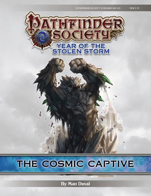 Pathfinder Society Scenario #8-00: The Cosmic Captive (PFRPG) PDF cover shows a humanoid monster made entirely out of spiky rocks and stones rising up from the ground with its fists raised up into the air.