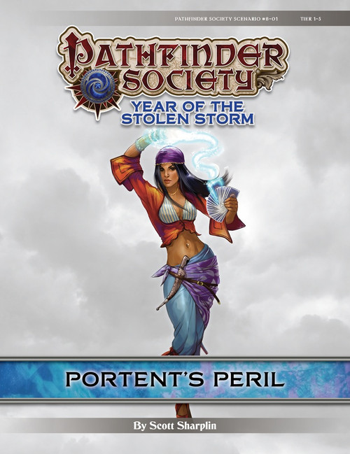 Pathfinder Society Scenario #8-01: Portent's Peril (PFRPG) PDF cover shows a human woman dressed in skimpy clothing as she creates a glowing blue magical effect from a deck of cards she holds in one hand.