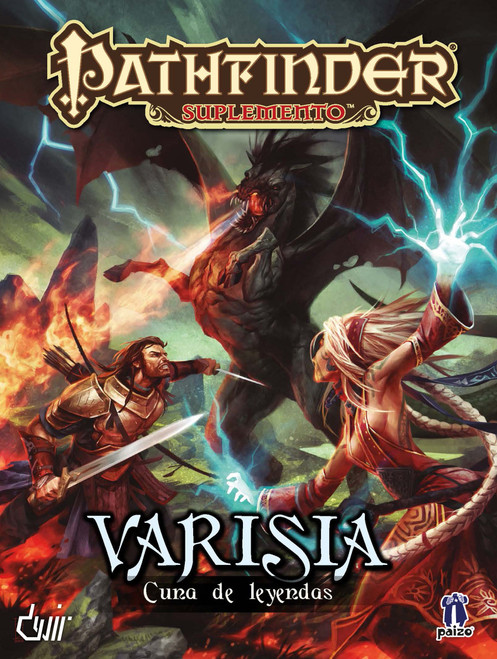 Suplemento Pathfinder: Varisia, cuna de leyendas PDF cover shows a male human fighter armed with a sword and a dagger and a female human sorcerer creating magical bolts of lightning in her hands attacking a large horse like monster; the monster is black, with bat like wings, red eyes, and is breathing fire out of its toothy mouth, all in front of a spooky stormecloud-darkened sky.