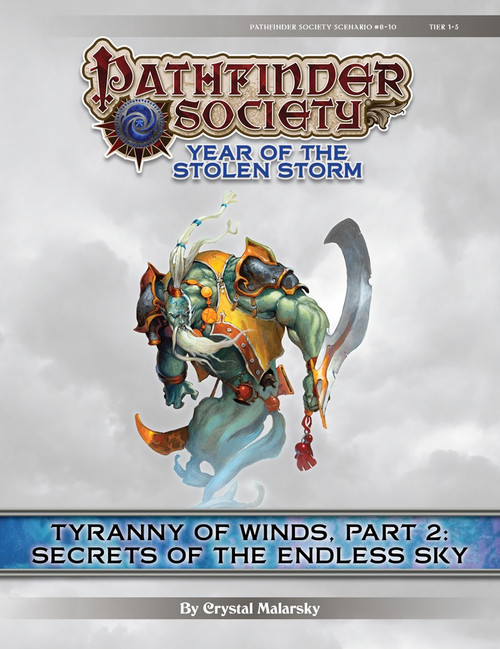 Pathfinder Society Scenario #8-10—Tyranny of Winds, Part 2: Secrets of the Endless Sky (PFRPG) PDF cover shows a blue-skinned male genie wearing golden armor, carrying a curved sword, and with his lower body fading away into wind and mist.