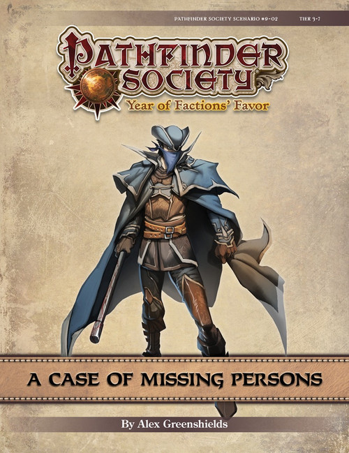 Pathfinder Society Scenario #9-02: A Case of Missing Persons (PFRPG) PDF. By Alex Greenshields. A figure in a cloak with their face covered by a bandana holds a long club.