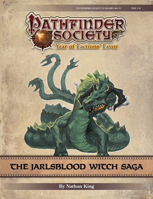Pathfinder Society Scenario #9-11: The Jarlsblood Witch Saga PDF. By Nathan King. An illustration depicts a long, dragon-like monster with three tails, each ending in a prong.