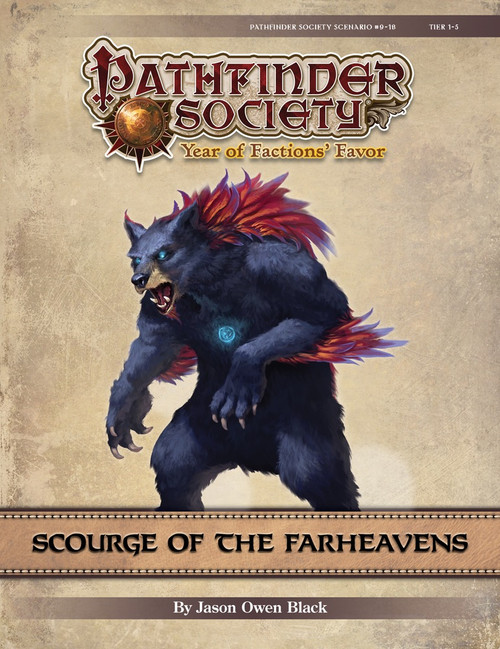Pathfinder Society Scenario #9-18: Scourge of the Farheavens PDF. By James Owen Black. A black bear stands on its hind legs, with red and purple feathers growing from its back and arms, and a glowing blue rune on its chest.