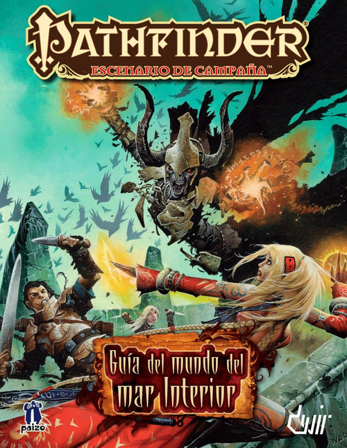 Pathfinder Escenario de Campaña: Guía del mundo del mar Interior PDF cover shows a fight against a looming undead skull-faced humanoid spellcaster wearing a dark cloak and horned helmet, manifesting handfuls of fiery magic as he attacks a pair of heroes—a male human fighter with a sword and knife and a female human sorcerer in a red robe, while in the background a storm of bats fly by through the foggy sky.