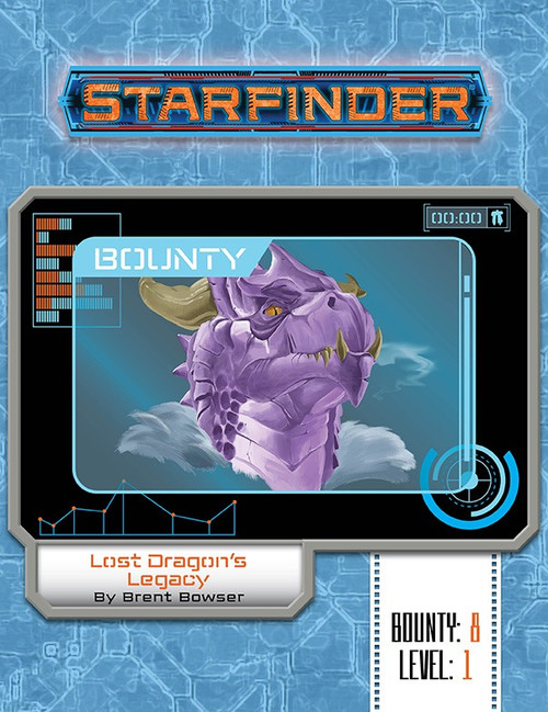 Starfinder Bounty #8: Lost Dragon's Legacy. By Brent Bowser. A computer screen shows a headshot of an imperious-looking horned purple dragon.