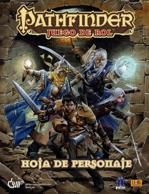 Pathfinder Juego de Rol: Hoja de Personaje PDF cover shows a group of four impressive adventurers—a male human wizard dressed in blue robes, a female elf rogue armed with a rapier and many knives, a male human fighter in armor and wielding a sword and dagger, and a female human cleric with blue robes, a scimitiar, and a glowing holy symbol, all standing in an action pose in a stony underground dungeon chamber. 