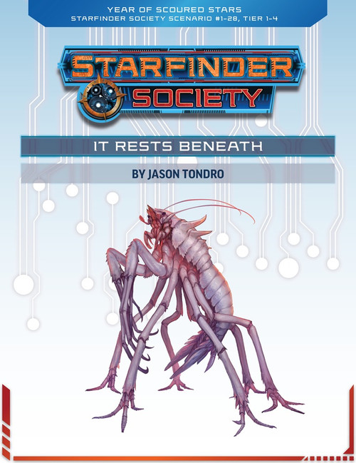 Starfinder Society Scenario #1-28: It Rests Beneath cover shows a pink shrimp-like alien with long antenna and several spiky legs. 
