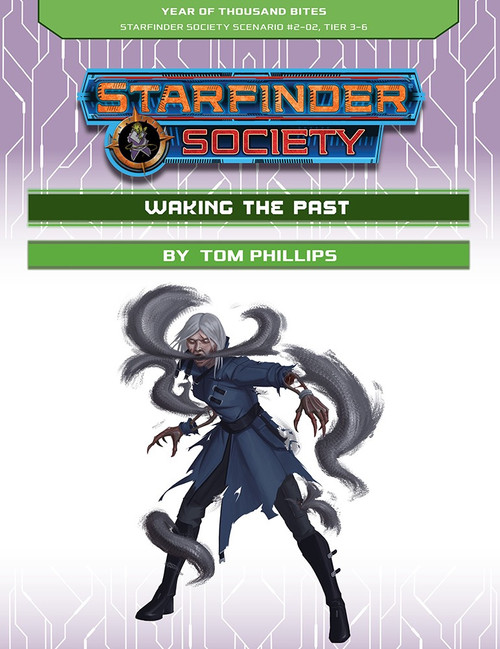 Starfinder Society Scenario #2-02: Waking the Past cover shows a woman dressed in dark clothing; weird swirls of gray smoke surround her and emerge from her mouth.