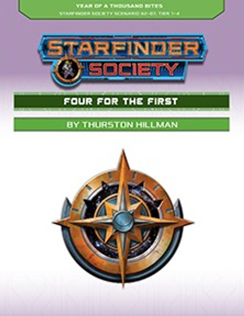 Starfinder Society Scenario #2-07: Four for the First cover shows a medal shaped like a bronze disk with an eight pointed bronze star around a blue circle.