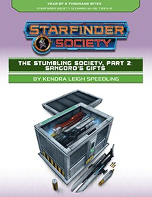 Starfinder Society Scenario #2-08: The Stumbling Society, Part 2: Sangoro's Gifts cover shows an open metal crate that contains a lot of futuristic-looking weapons and guns.