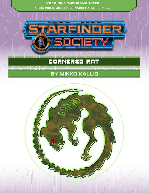 Starfinder Society Scenario #2-24: Cornered Rat cover shows a symbol of a green rat-like creature curled into a fetal position with its long bony tail wrapped further around it to form a circular shape.