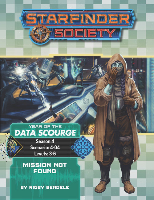 Starfinder Society Scenario #4-04: Mission Not Found cover shows a foreground image of a blue-skinned humanoid dressed in brown and tan clothing, including a hooded jacket that covers much of the face; in the background is an image of a shootout taking place on top of a speeding futuristic train between several robots and a group of science-fiction heroes.