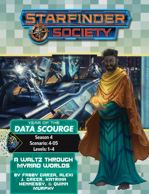 Starfinder Society Scenario #4-05: A Waltz Through Myriad Worlds cover shows a foreground image of a human man dressed in orange and blue-green robes, with what looks like a miniature yellow sun glowing just above one of his upturned hands; in the background is an image of a shootout taking place on top of a speeding futuristic train between several robots and a group of science-fiction heroes.