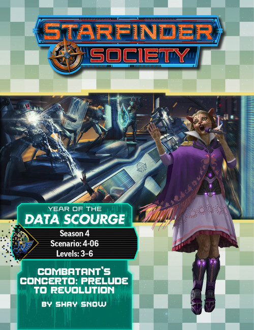 Starfinder Society Scenario #4-06: Combatant's Concerto: Prelude to Revolution cover shows a foreground image of a female humanoid dressed in a purple outfit and skirt, in the act of performing some form of song; in the background is an image of a shootout taking place on top of a speeding futuristic train between several robots and a group of science-fiction heroes.