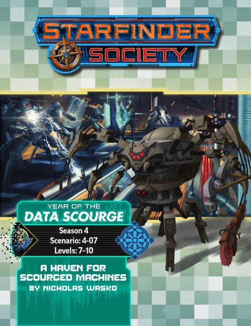 Starfinder Society Scenario #4-07: A Haven for Scourged Machines cover shows a foreground image of a bulky dark brown robot with a spherical body, a face with lots of red circular eyes, four legs, and several arms that end in various scary weapons; in the background is an image of a shootout taking place on top of a speeding futuristic train between several robots and a group of science-fiction heroes.